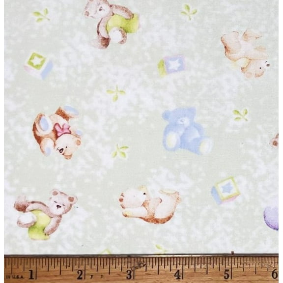 1/2 Yard - Teddy Bears & Blocks on Light Green Cotton Fabric (Great for Quilting, Sewing, Craft Projects, Throw Pillows & More) 1/2 Yard X 44" Wide