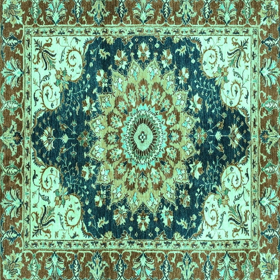 Ahgly Company Machine Washable Indoor Square Geometric Turquoise Blue Traditional Area Rugs, 7' Square