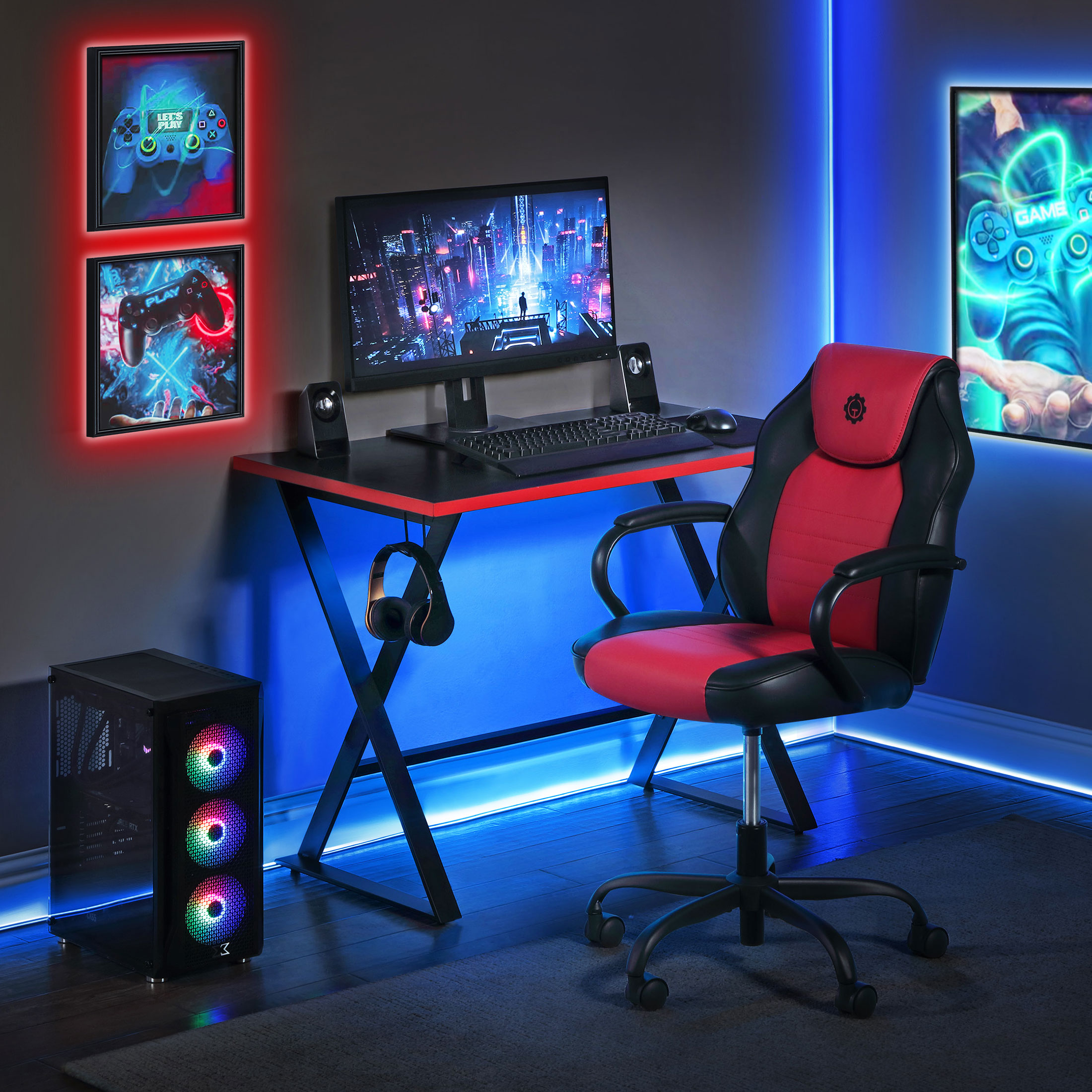 Gamer Gear Jr. Gaming Desk with LED Lighting, Teens and Kids, Red and Black