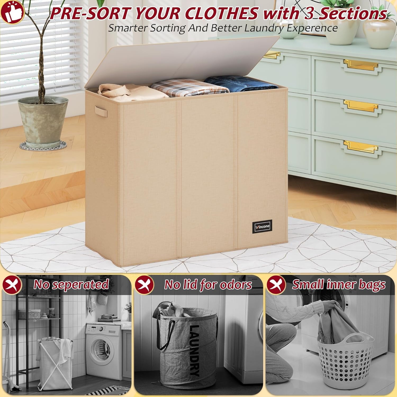 Uni 195L Laundry Hamper 3 Section,Large Laundry Hamper with Lid,Dirty Clothes Hamper with 3 Inner Bags,Collapsible Laundry Basket Organizer for Laundry Room,Bedroom,Laundry Sorter Hamper 3Compartment