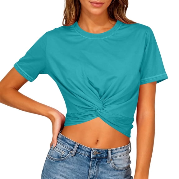 Womens Petite Y2K Crop Top,Casual Knot Twist Front T-Shirt,Breathable Durable Short Sleeve Basic T-Shirts S-3XL