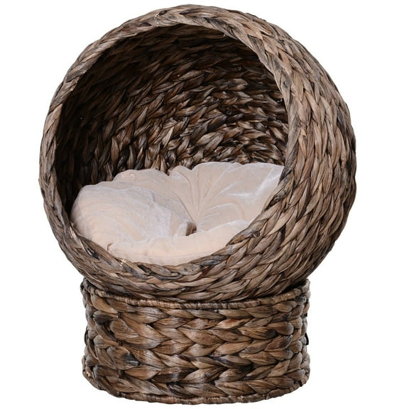 Handmade Wicker Elevated Cat Bed with Cushion Dark Brown for Kittens