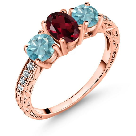 Gem Stone King 2.72 Ct Oval Red Rhodolite Garnet Blue Zircon 18K Rose Gold Plated Silver Ring (Size 8)