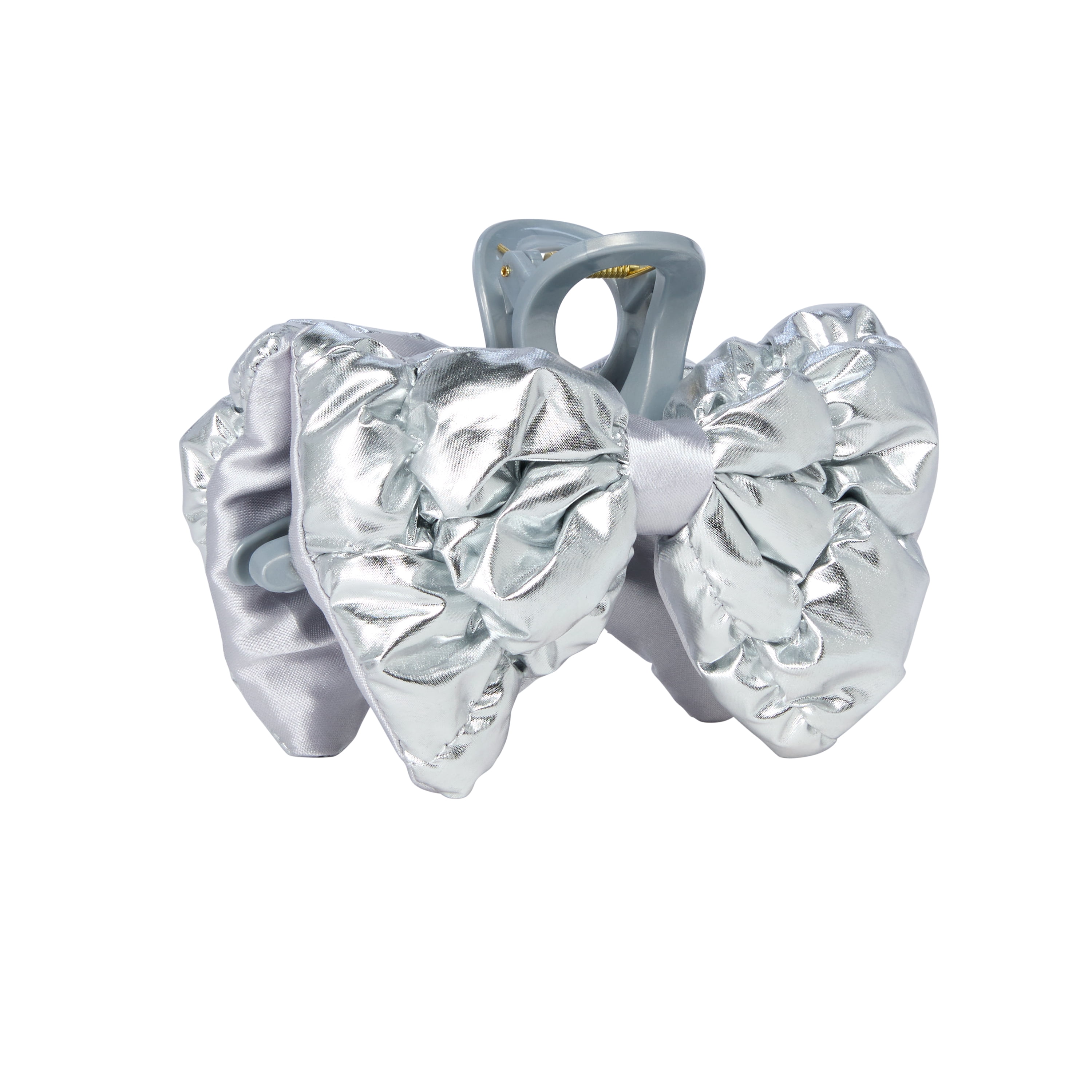 Goody Luxe Puffer Bow, Shimmery Silver, Quilted SlideProof Hair Claw Clip