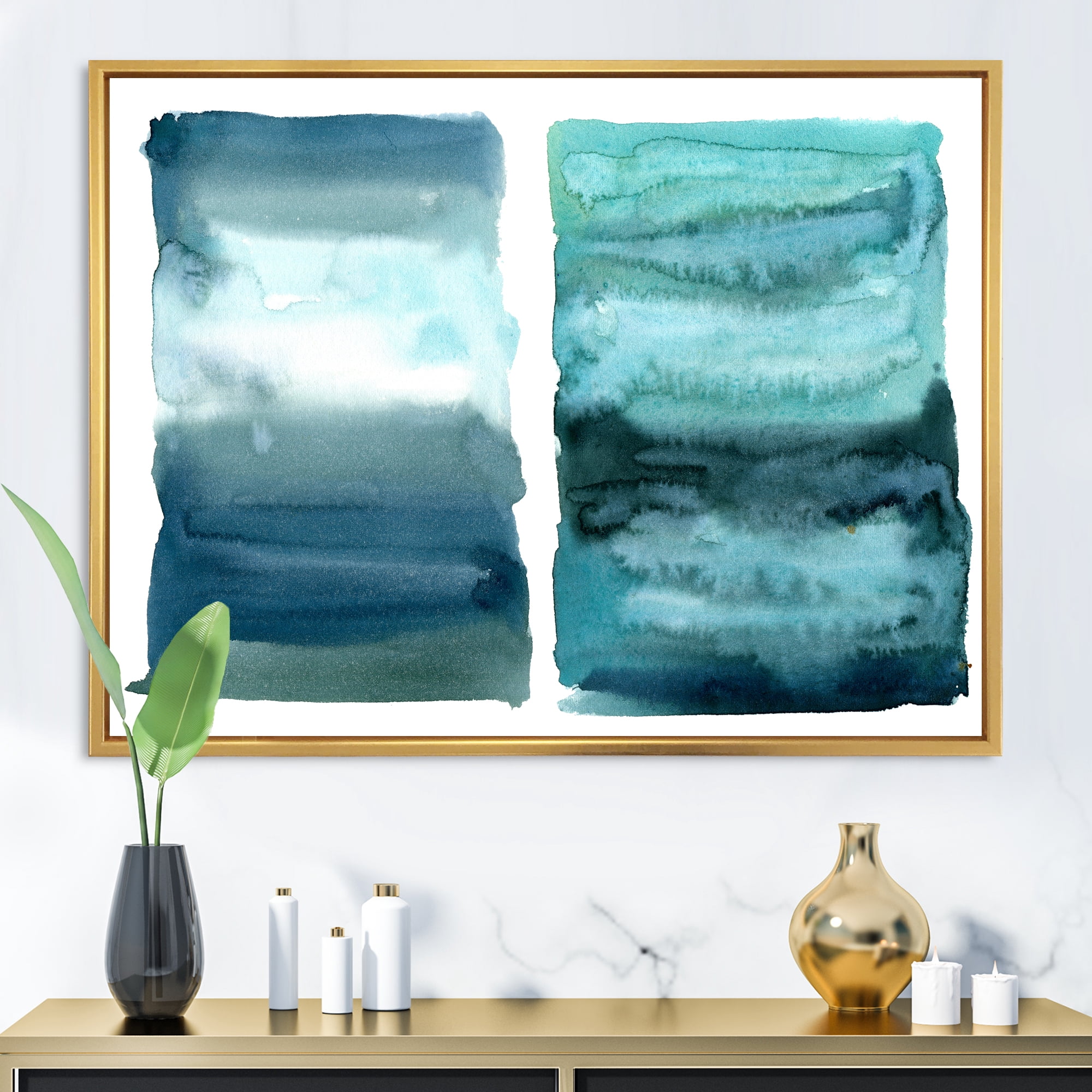 Designart 'Abstract Blue Ocean Aquatic Impression II' Modern Framed Canvas Wall Art Print
