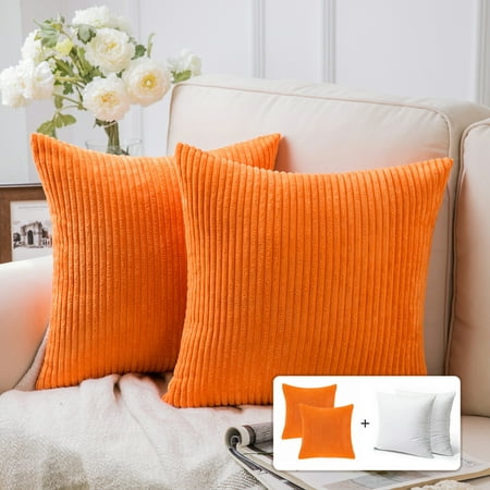 Fluffy Corduroy Velvet Solid Color Suqare Cusion Accent Decorative Throw Pillow for Couch, 18" x 18", Orange, 2 Pack