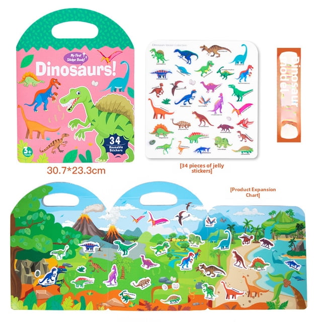 Dino World Kids' Quiet Gel Sticker Book: Portable Wooden Educational Toy for 4-6 Year Olds – Interactive Puzzle & Learning Activity for Preschool Cognitive Development, Travel-Friendly (0.13kg)