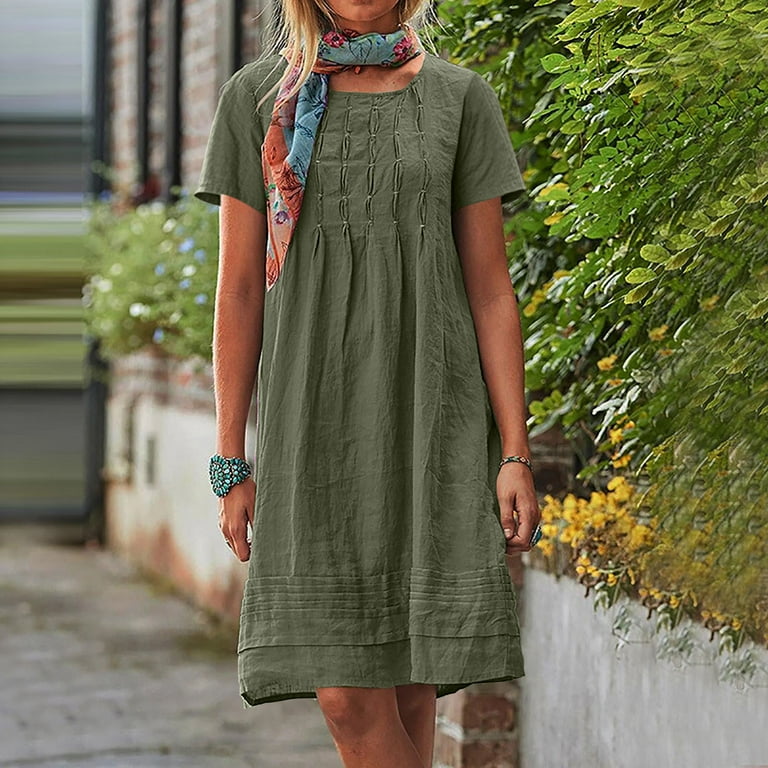 UVEASISHA Mini Dresses for Women Cotton Linen Short Sleeve Pleated T Shirt  Dress Summer Casual Shift Dresses Army Green XXL - Walmart.com