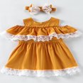 thumbnail image 2 of 2 Pcs Infant Floral Lace Outfits  Girls Cold Shoulder Contrast Color  Neck Dress + Bow Headband, 2 of 7