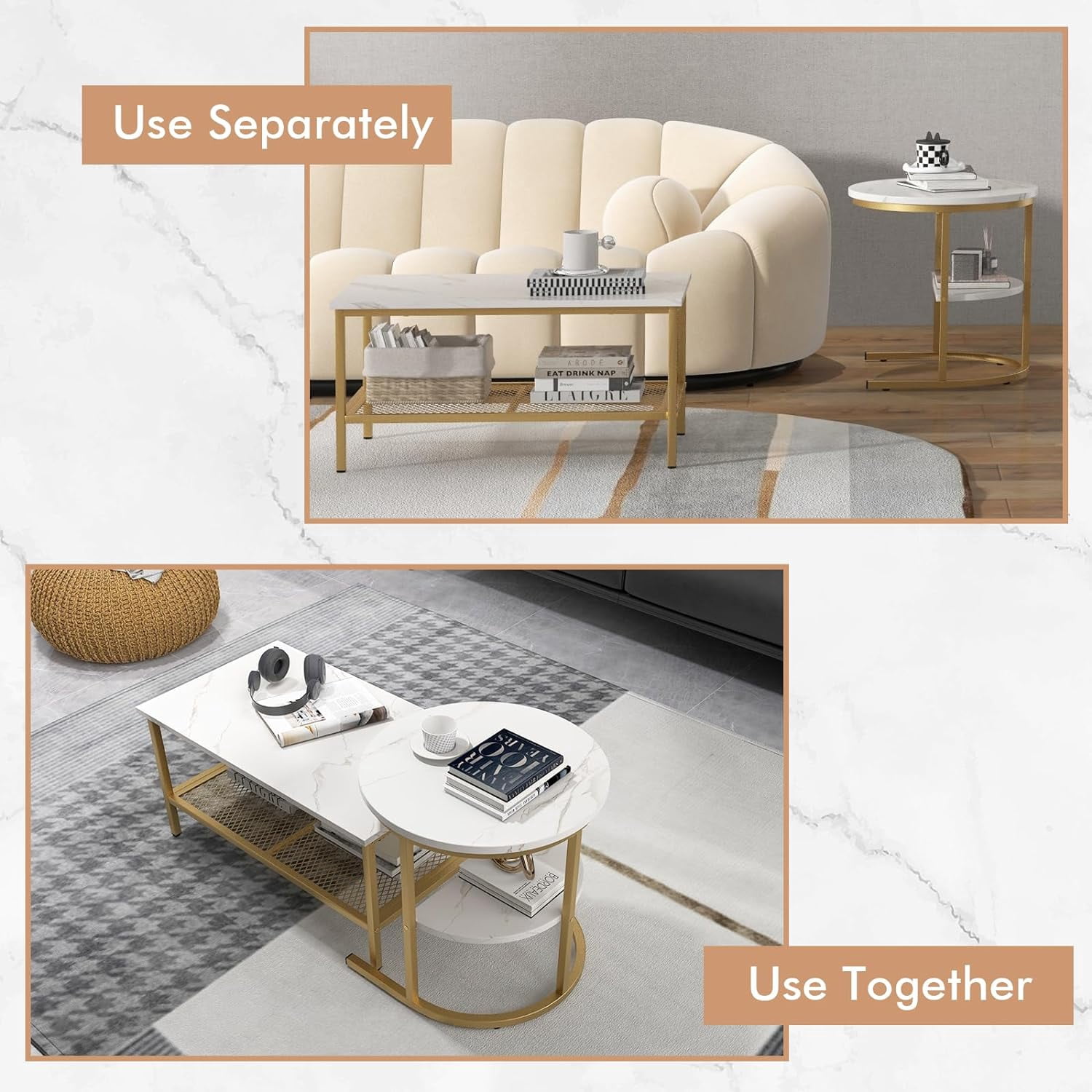 2 in 1 Nesting Coffee Table Modern Faux Marble Top Detachable Open Storage Shelf ,Home ,Office ,Gold & White