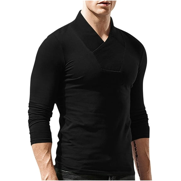 Jalioing Men's V Neck Shirts Long Sleeve Solid Color Slim T Shirts Fall Fashion Casual Basic Pullover Tee