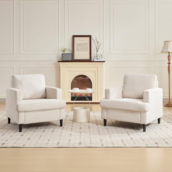 Comfortable Mid-Century Accent Armchairs Set – Upholstered Fabric, Thick Cushions, Solid Wood Legs – Single Sofa Chairs for Living Room or Bedroom – White