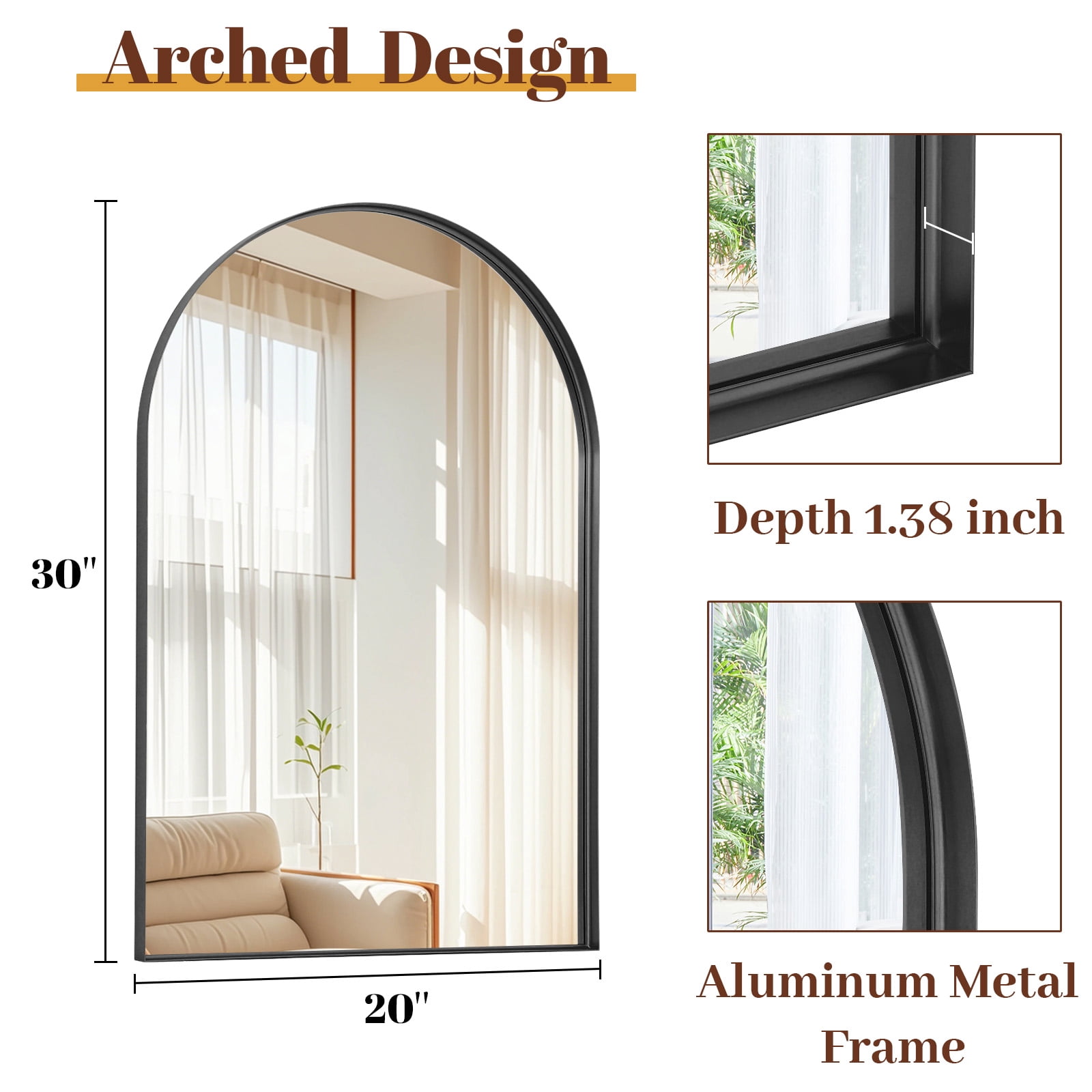 Gleamira 20"x30" Arched Bathroom Mirror Wall Vanity Mirror with Deep Frame, Black
