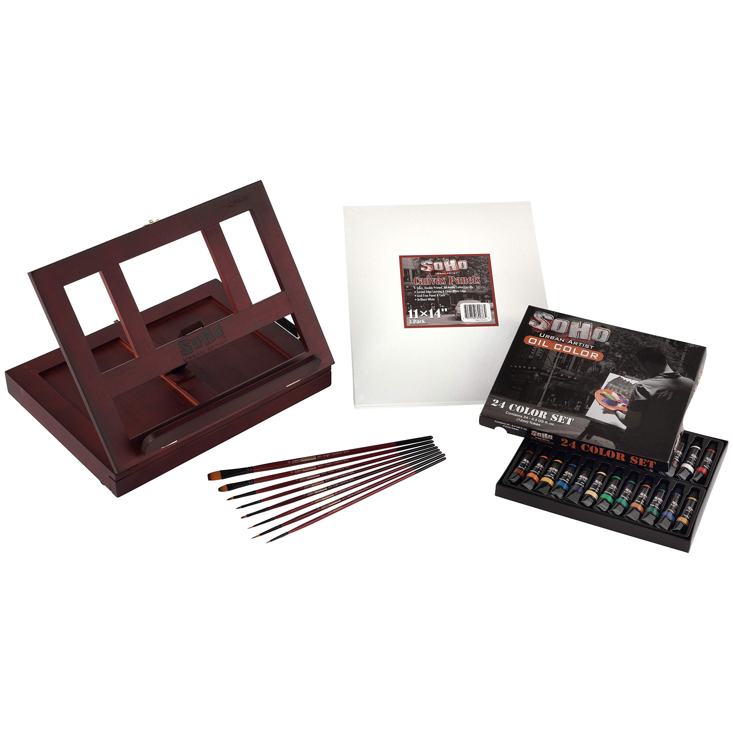 Oil Paint Set, 35pcs Artist Set with Wood Table-Top Easel Box, Art Painting Brushes, and Canvas Panels 11x14 for Students and Beginners