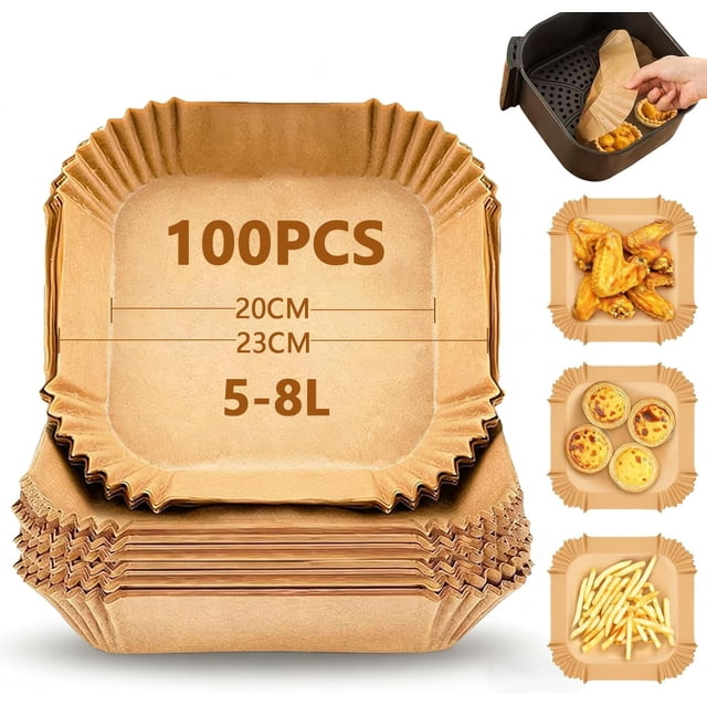 Papel para Freidora de Aire, Papel Pergamino Cuadrado Desechable, Resistentes al Aceite y Calor, para Hornear, Microondas, Horno, Fácil Limpieza (100PCS)