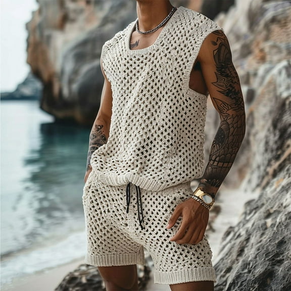 Yaoyar Men Fashion Casual Solid Sleeveless Hollow Out Set Blouse And Pants Suit Drawstring Shorts Sets Short Sets for Men 2 Piece Outfit Beach Short