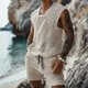 thumbnail image 4 of Conjunto Corto de Hombres 2 Piezas Trajes de Moda Casual Sólido Gira-Abajo Cuello Blusa Y Pantalones Traje, Poliéster, 4 of 5