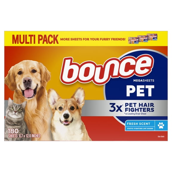 Bounce Mega Dryer Sheets Pet Hair and Lint Guard, Fresh Scent, 180 Count