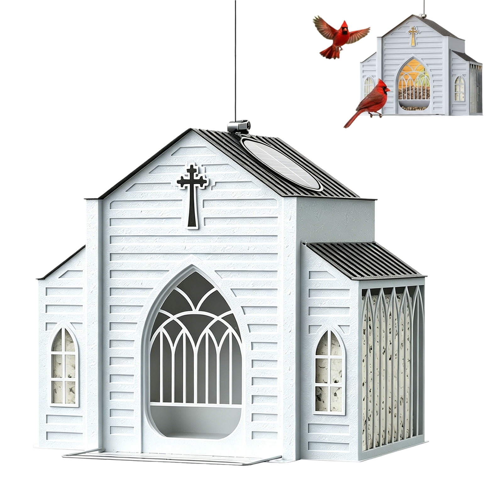 5 LB Holding Space Bird Feeder Church Shaped Metal Solar Light Hanging Outdoor Weatherproof Suet Feeder
