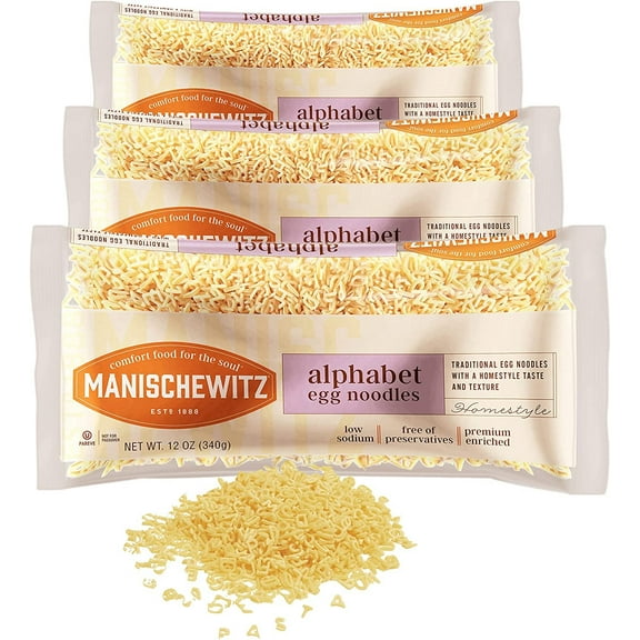 Manischewitz Alphabet ABC Pasta Egg Noodles 12oz 3 Pack, Home-style Taste & Texture, Premium Enriched, Low Sodium, No Preservatives