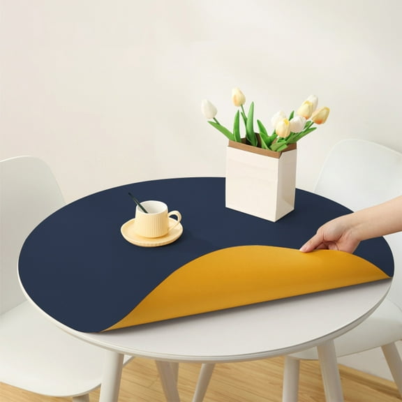 Latrodar Double Sided Two Color Leather Round Table Mat Rainproof Dirtproof Oil Proof And Heat-insulating Placemat Home Solid Color Tablecloth Bule Yellow Cr