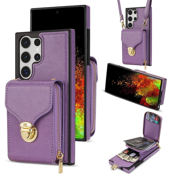 Allytech Case for Samsung Galaxy S26 Ultra, [Large Capacity] Wallet Case with Card Slots & Zipper Pocket, Premium PU Leather Metal Snap Kickstand Shockproof Case with Shoulder Strap, Purple