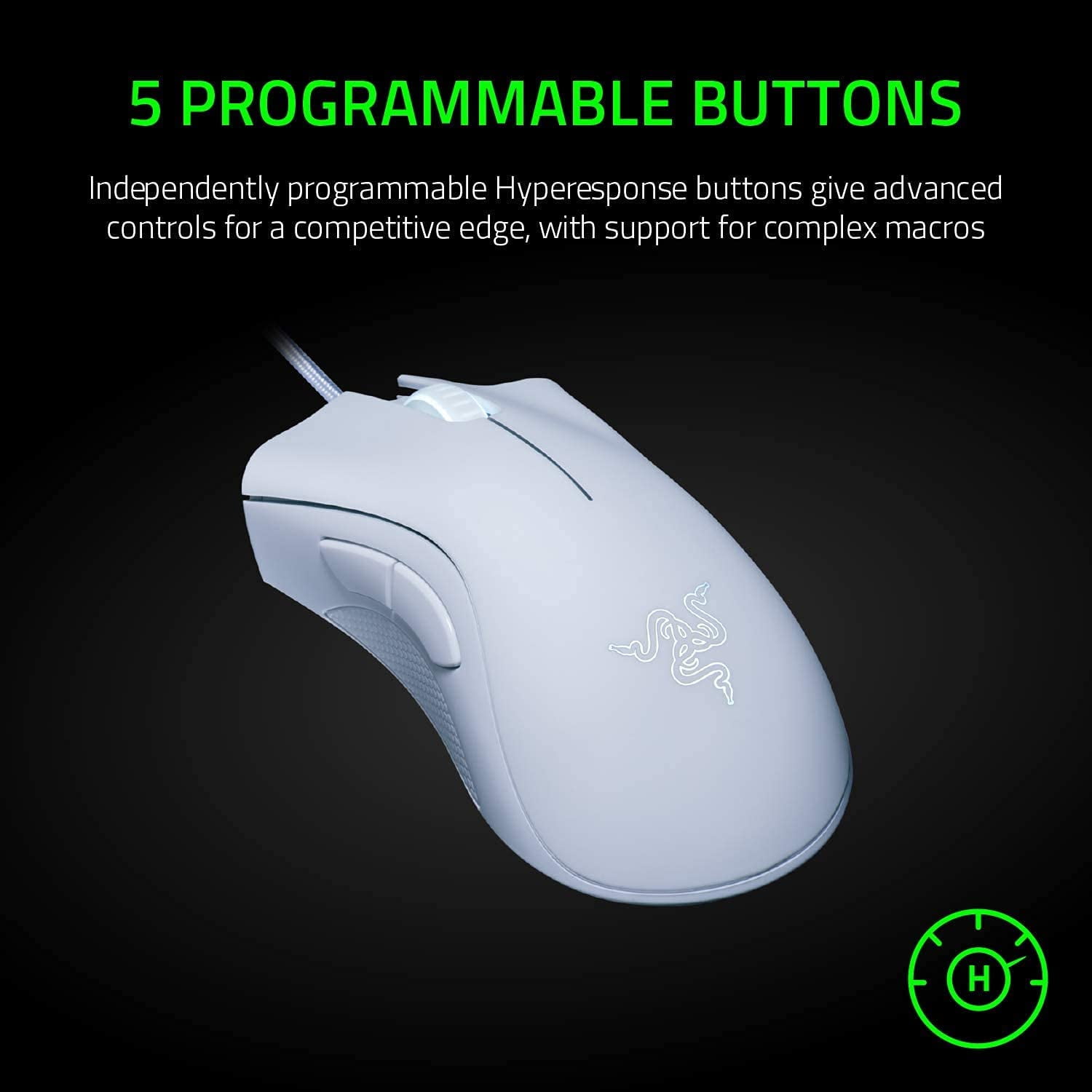 Wired gaming mouse: 6400 DPI Optical Sensor - 5 Programmable Buttons - Mechanical Switches - Rubber Side Grips - white and black