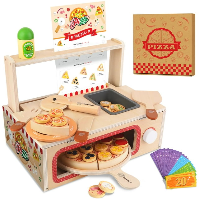 Juego de juguetes para pizza iLuckInsPri de madera, 68 piezas, para niños mayores de 3 años