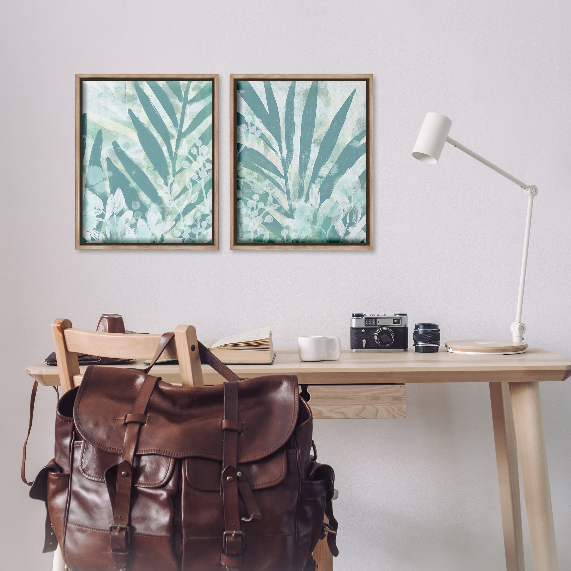 Stupell Industries Teal Palm Fronds Plants & Flowers Painting Brown Floater Framed Canvas Art Print Wall Art, 17 x 21, Set of 2