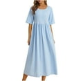 thumbnail image 2 of Homenesgenics Dresses for Women Womens Dresses Summer Women's Summer Loose Fitting Dress Fashion Casual Cotton Linen Round Neck 5/4 Sleeve Length Dress Blue XL, 2 of 8