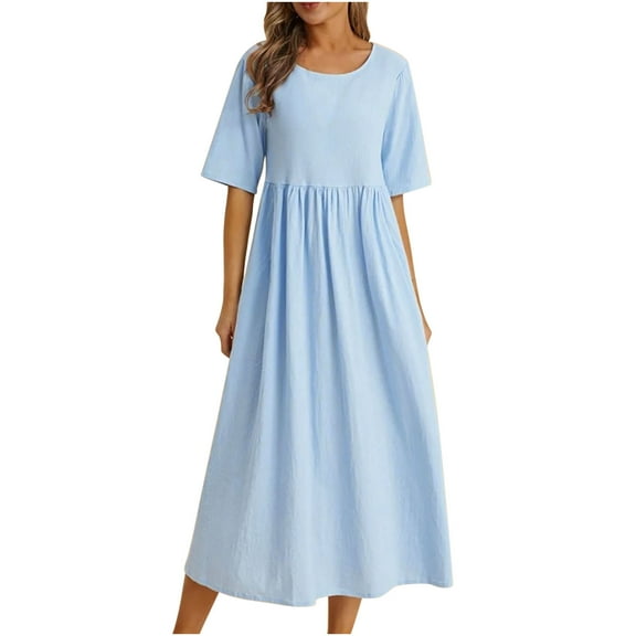 QUYUON Wedding Guest Dress for Women Casual Summer Round Neck Short Sleeve T Shirt Dress Cocktail Dresses for Women Pleated A-Line Evening Party Formal Midi Dresses Style D-7419 Blue S