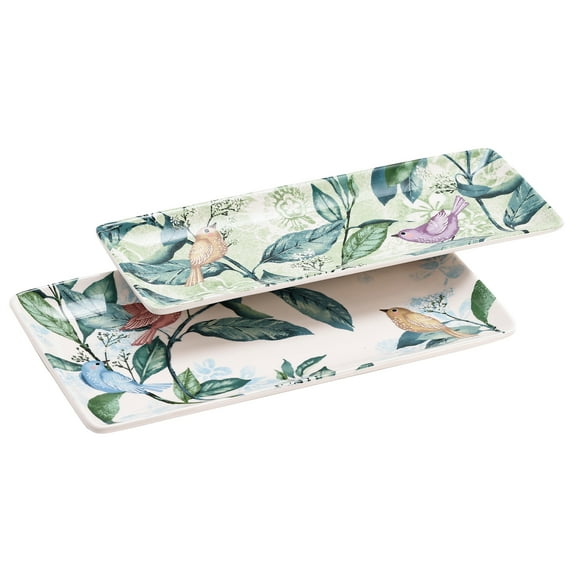 Bico Greenary Happy Birds Ceramic 14 inch Rectangular Serving Platter, Set of 2, for Serving Salad, Pasta, Cheese, Ham, Appetizer, Microwave & Dishwasher Safe