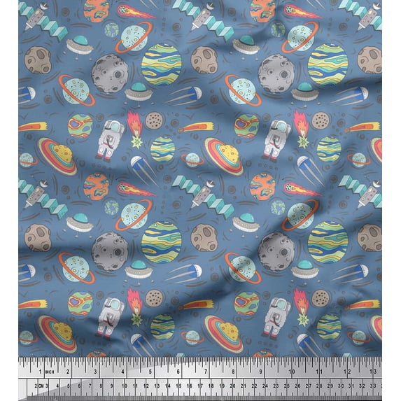Soimoi Blue polyester Crepe Fabric Satellite & Planet Galaxy Print Fabric by the Yard 52 Inch Wide