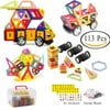 113 Pieces Magnetic Building Blocks Magnet Tiles Educational Stacking Magnetic Blocks for Kids 3D Magnet Building Toys Set in Rainbow Colors with Wheels , Case