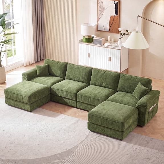 150" Modular Sectional U Shaped Sofa Couches for Living Room, Cloud Couch with Storage Ottoman, Comfy Chenille Sofa with Pillow,Green