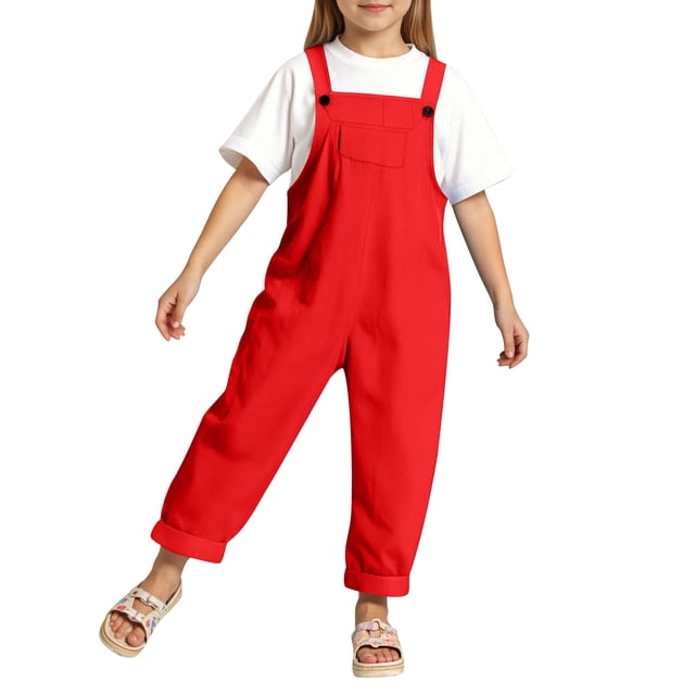 WENXIAOO Combinaisons pour Petites Filles Combinaisons Décontractées pour l'École Combinaisons Rouges avec Poches pour Usage Quotidien Vêtements pour Adolescentes Tendance 6-7 Ans