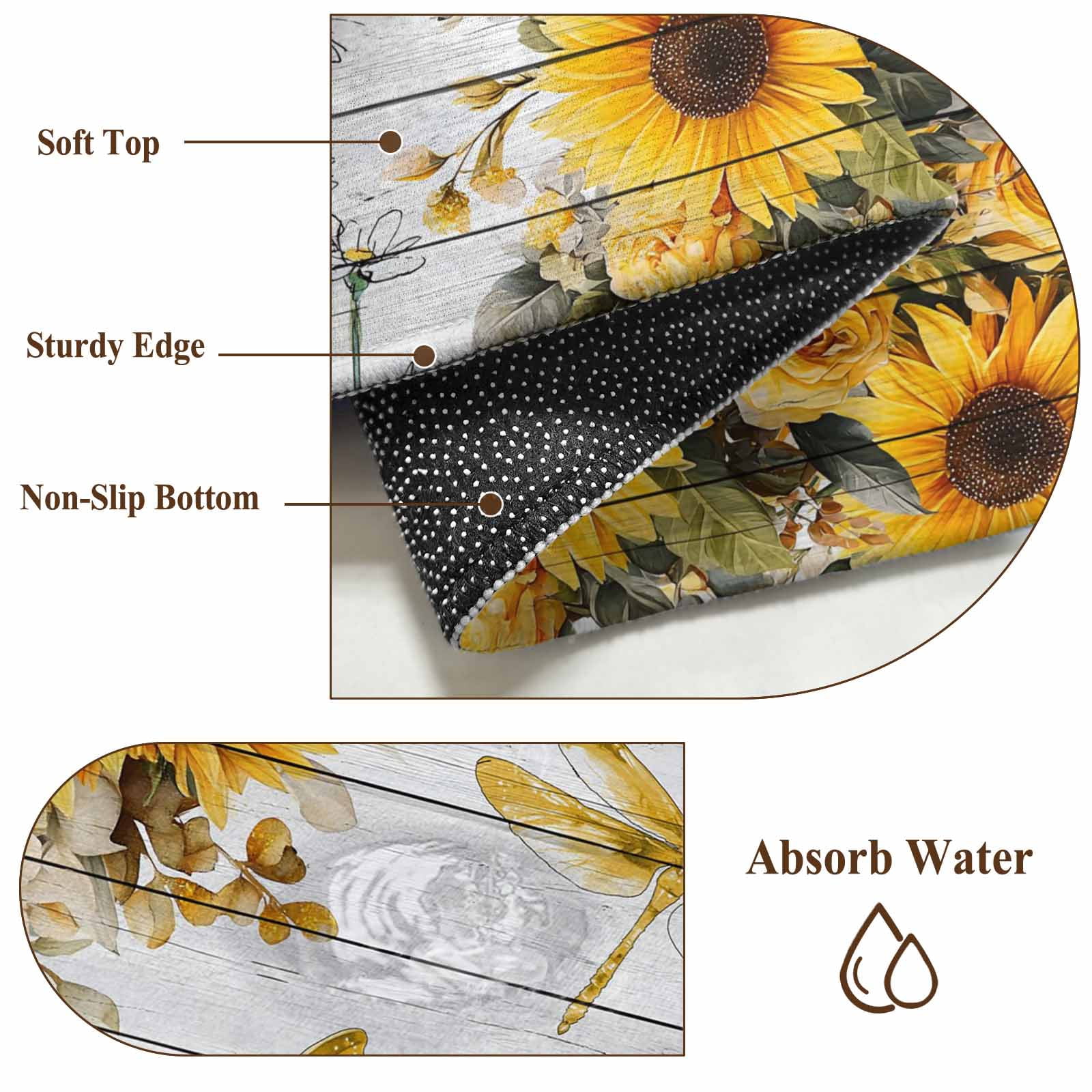 Round Rug 7Ft Washable Non-Slip, Farmhouse Sunflower Circle Area Rugs for Living Room Bedroom, Vintage Daisy Butterflies Gray Wood Indoor Floor Mats Carpet Runner for Home Decor Aesthetic