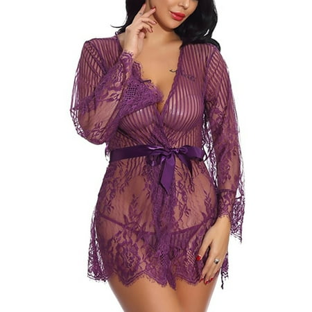 

Voguele Ladies Nightwear Floral Chemise Lace Teddy Lingerie Deep V Neck Women Backless Sheer Sexy Belted Purple M