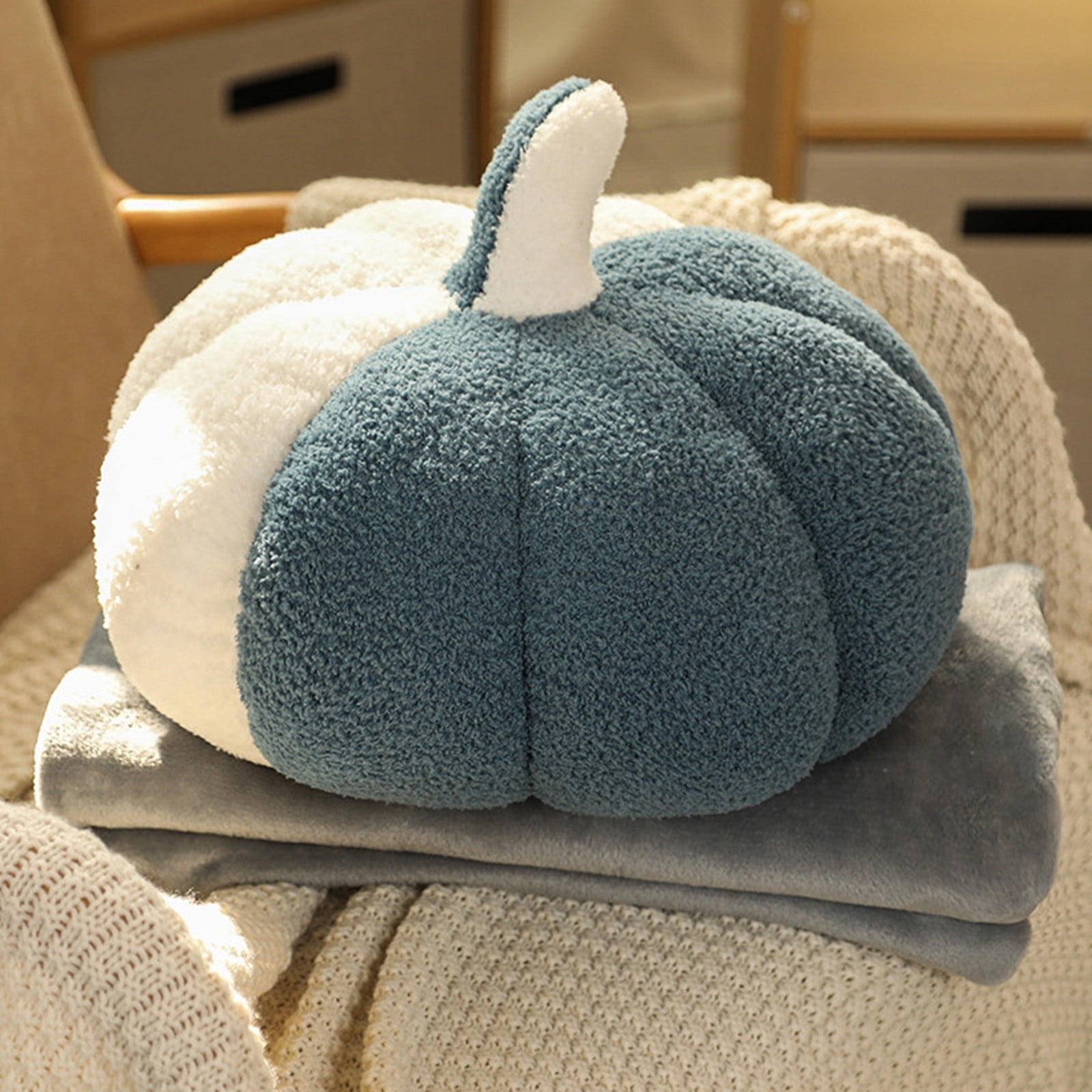 AURIGATE Fleece Pumpkin Throw Pillows, Happy Halloween Sherpa Fall Decorative Pumpkin Shaped