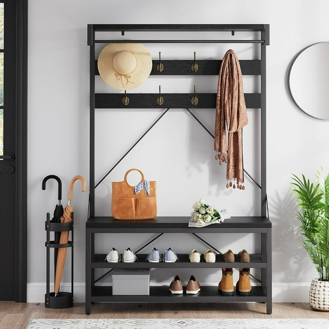 Bingirl Coat Rack Shoe Bench Industrial Hall Tree Storage Bench for Entryway with 8 Hooks, Grey 39.9inchx15.7inchx72inch