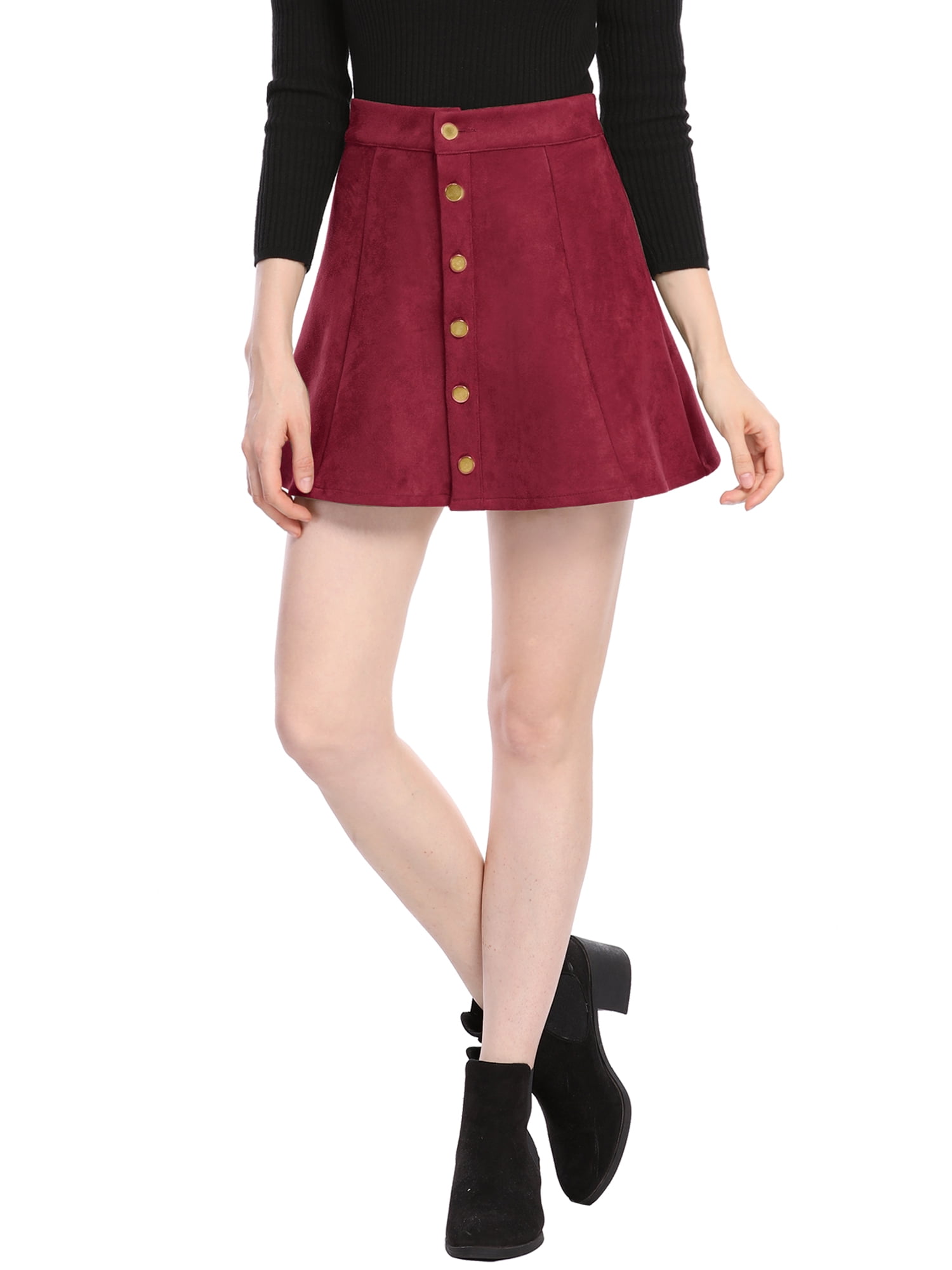 DARING DIVA Women's Faux Suede Button Front Mini A-Line Skirt L Dark Red