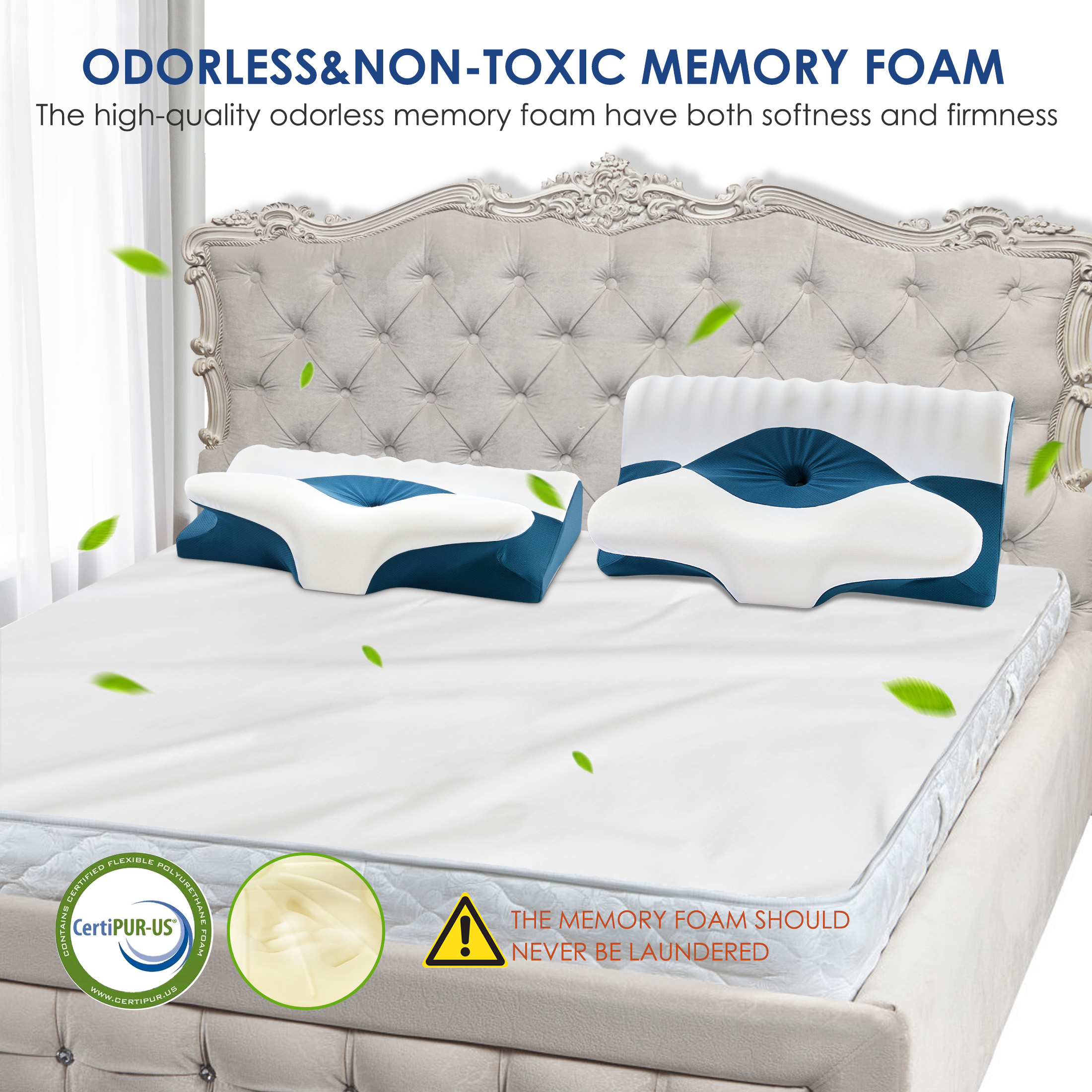 Ergonomic Cervical Memory Foam Pillow for Neck Pain Relief, Orthopedic Contour Pillow with Breathable Cover, for Side, Back, and Stomach Sleepers, Queen Size 23.6"x14.2"x4.7", Blue