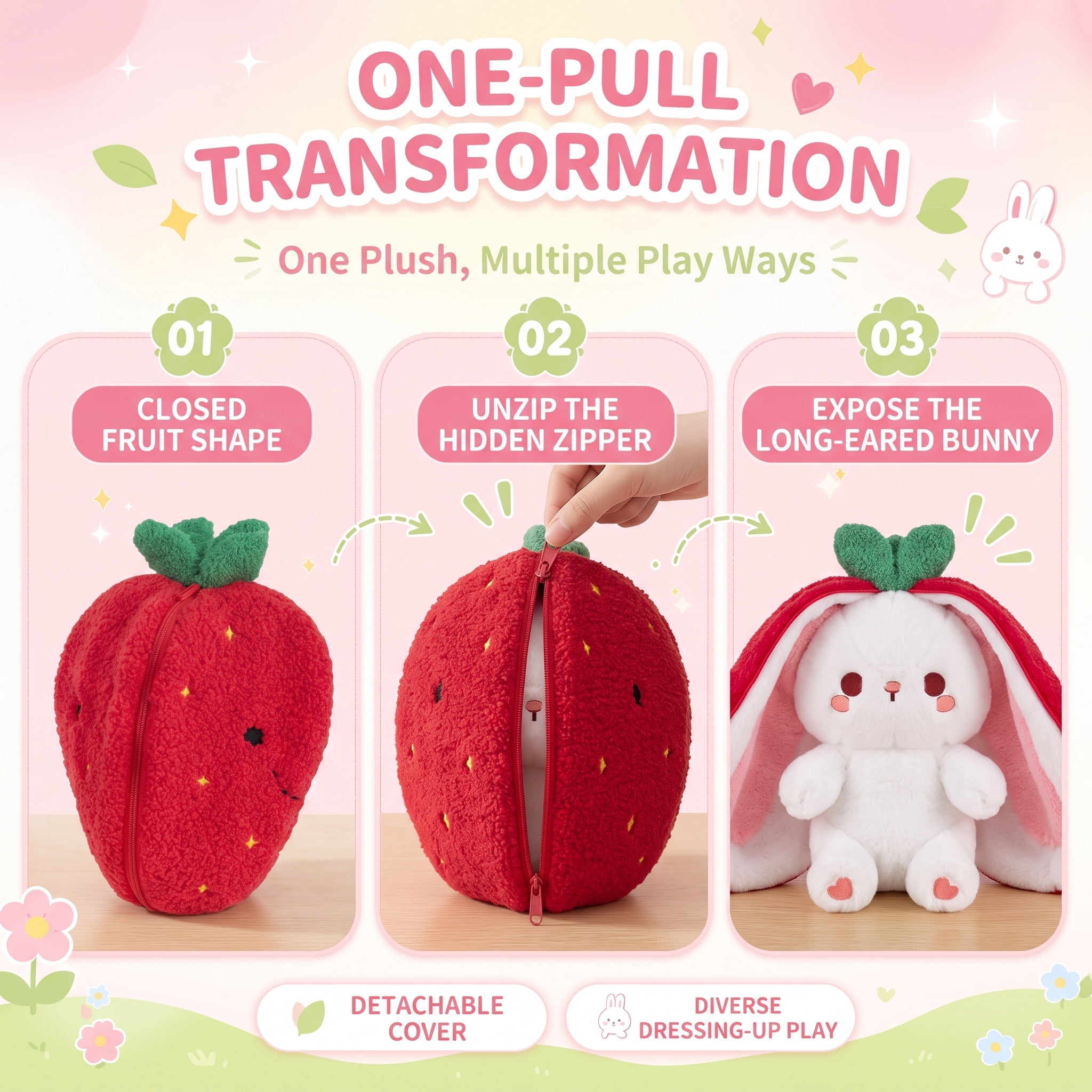 Kawaii Squishy Cute Easter Bunny Plush Turn Into Rabbit Fruit Doll Carrot Strawberry Pillow, Plushies Funny Bunny Toy for Baby