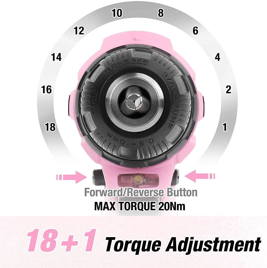 WORKPRO Pink Cordless Drill Driver Set, 12V Electric Screwdriver Driver Tool Kit for Women, 3/8" Keyless Chuck, Charger and Storage Bag Included - Pink Ribbon