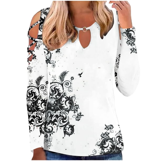 Camiseta de manga larga suelta con cuello redondo y estampado informal a la moda para mujer Fridja bvmnju344