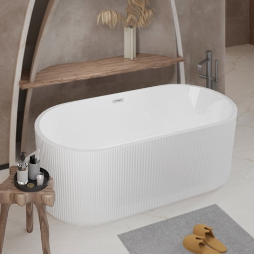 Taoruifang 59"Linear AcrylicFreestanding Bathtub Stand Alone Soaker Tub, Glossy White Acrylic, POP-UP Chrome Drain