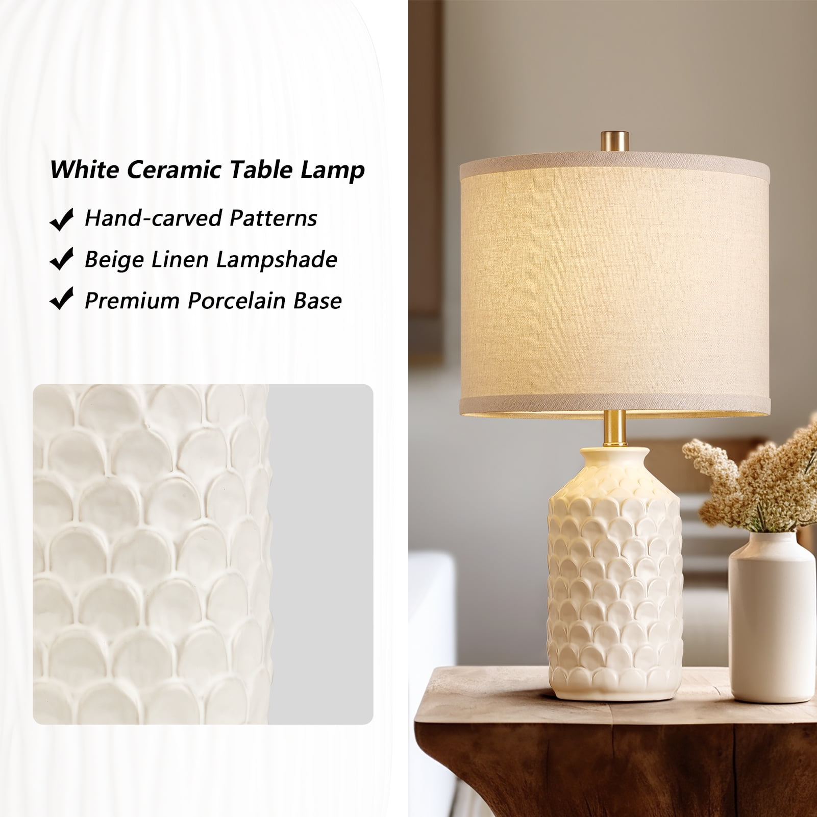 RORIA 21” Ceramic Table Lamps Set of 2,Modern White Bedside Lamps,Suitable for the Living Room or Bedroom Nightstands (Bulbs Included)
