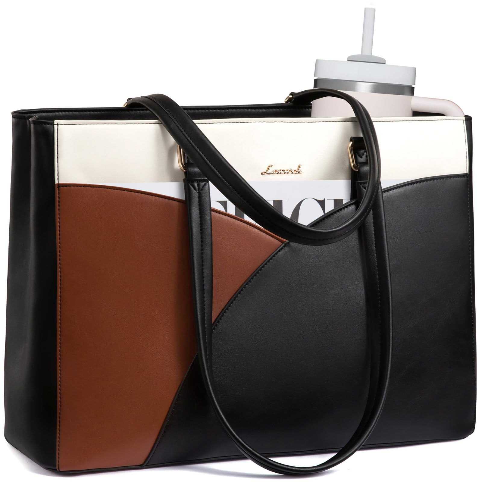 LOVEVOOK Laptop Bag for Women,15.6 Inch Work Teacher Bags Leather Tote Bag Briefcase Waterproof Computer Bag for Women,Black-White-Brown
