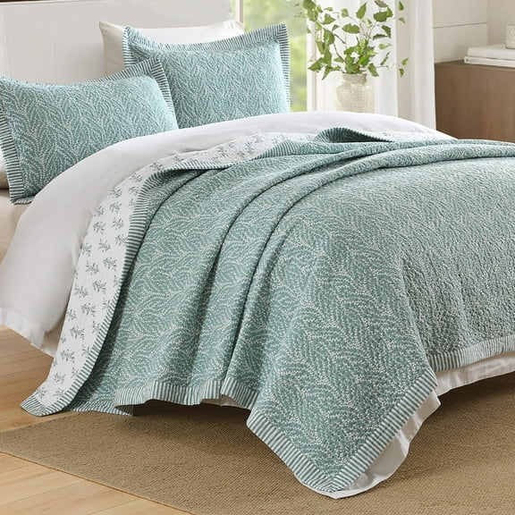PANGUSHAN 100% Cotton Queen Quilt Set, Farmhouse Queen Size Quilt Bedding Set Bedspreads, Reversible Botanical Patterns Quilted Lightweight Comforter, Teal/White Bed Spread for Queen Bed