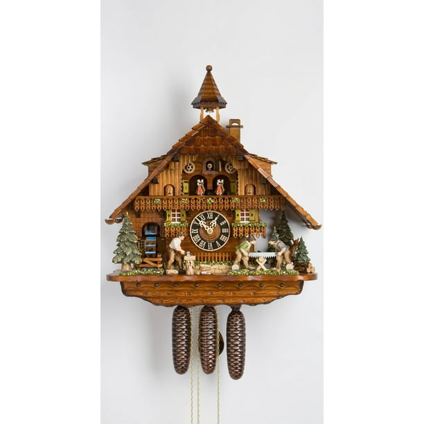 Cuckoo Clock Black Forest house with moving wood chopper, mill wheel